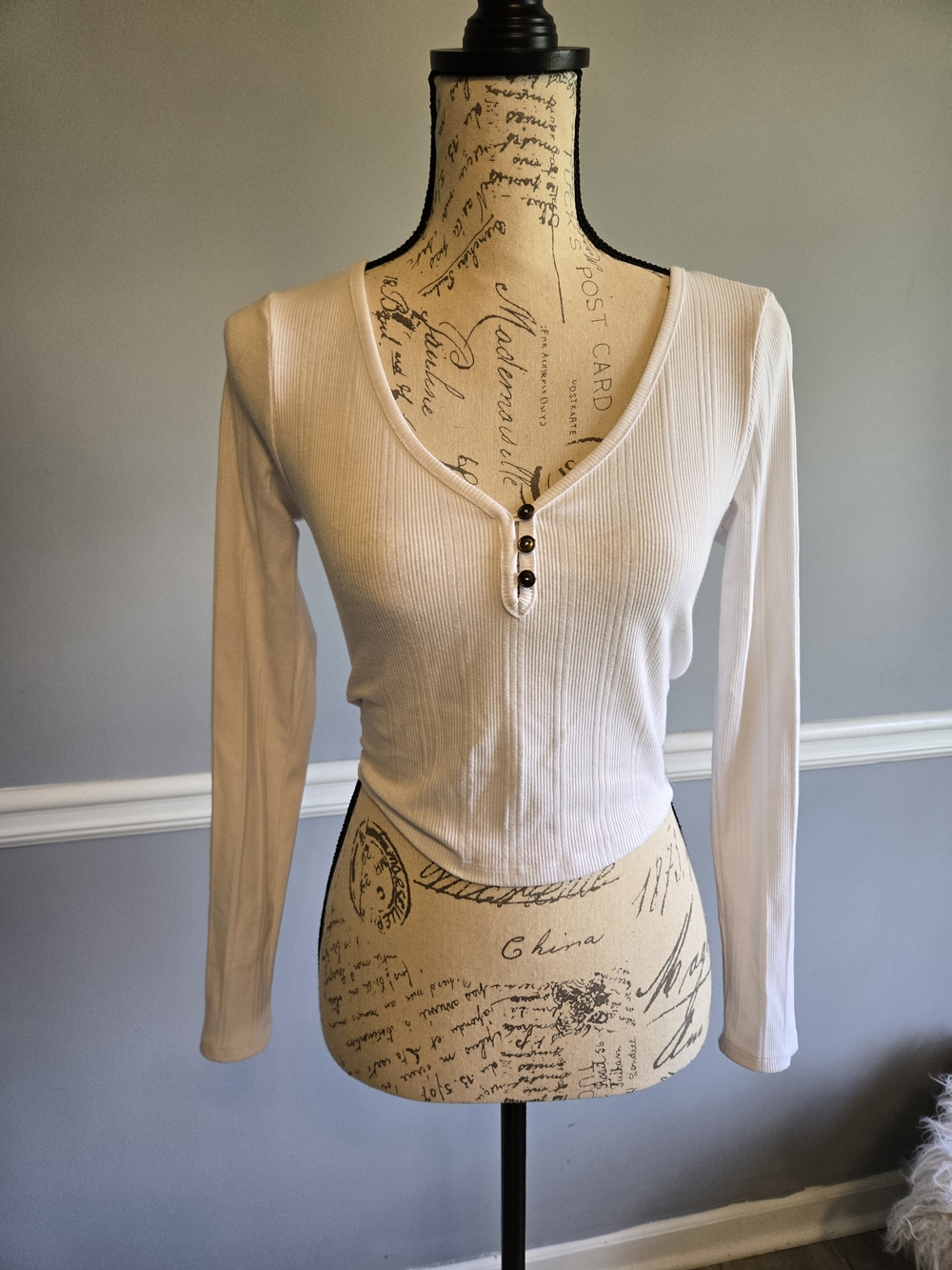 Bozzolo Cream Ribbed Long Sleeve Henley Top